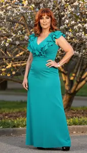 Formal Dress Glamour Multiracial Woman With Layered Hair At Garden