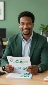 Green Investment Analyst Reviewing Impact Measurement Reports Stock Photo