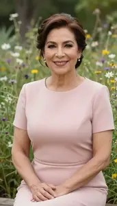 Latina In Her 50s Woman Formal Dress Fashion At Garden Event