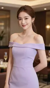 Lilac Off Shoulder Cocktail Gown Fashion Portrait East Asian Woman At Cocktail