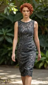 Mixed Race Early 20s Woman Charcoal Lace Cocktail Gown Fashion At Garden Event