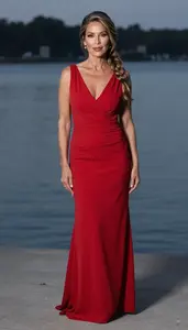Mixed Race In Her 50s Woman Red Bohemian Cocktail Gown Fashion At Sunset Event