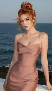 Persian Mid 20s Woman Orchid Soft Cocktail Gown Fashion At Sunset Event