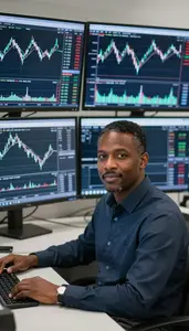 Professional Commodities Trader Monitoring Multiple Trading Screens