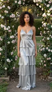 Professional Silver Tiered Cocktail Gown Portrait Multiracial Woman Garden Shoot