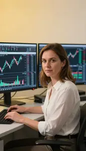 Quantitative Trader Analyzing Real Time Trading Charts Stock Photo