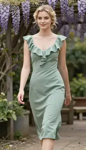 Sage Green Ruffled Cocktail Gown Glamour Photography Caucasian Woman Portrait At