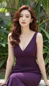 Stunning Chinese Woman In Deep Purple Lightweight Cocktail Gown Resort