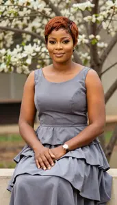 Stunning Nigerian Woman In Slate Grey Tiered Cocktail Gown Garden Photography