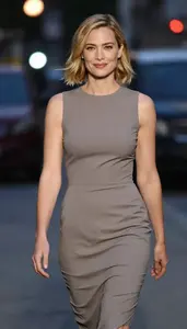 Taupe Tailored Cocktail Gown Fashion Portrait Light Skinned Woman At Urban Event