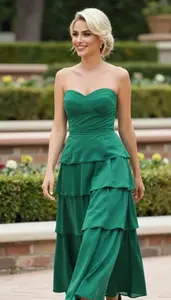 Turkish Woman In Emerald Green Tiered Cocktail Gown Garden Glamour Portrait