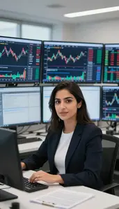 Woman Finance Professional Monitoring Multiple Trading Screens