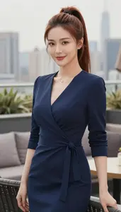 Wrap Dress Glamour East Asian Woman With High Ponytail At Cocktail Event