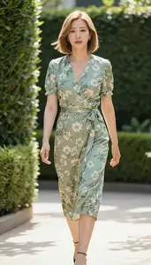 Wrap Dress Glamour Korean Woman With Blonde Bob Haircut At Garden
