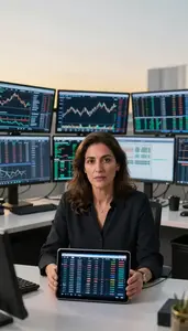 Algorithmic Trader Monitoring Multiple Trading Screens Stock Photo