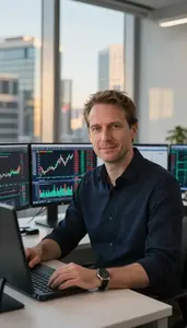 Algorithmic Trader Analyzing Real Time Trading Charts Stock Photo