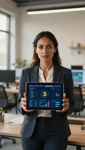 Crypto Investment Advisor Demonstrating A Fintech Application Stock Photo