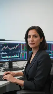 Cryptocurrency Trader Analyzing Technical Indicators On Screen Stock Photo
