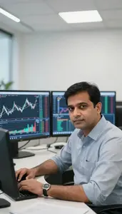 Cryptocurrency Trader Analyzing Real Time Trading Charts Stock Photo