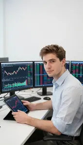 Man Finance Professional Analyzing Technical Indicators On Screen