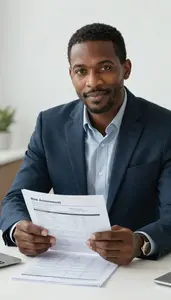 Risk Underwriter Reviewing Actuarial Tables Stock Photo