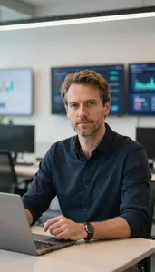 Successful Blockchain Investment Specialist Reviewing Robo Advisor Performance