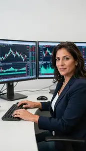 Successful Stock Trader Analyzing Technical Indicators On Screen