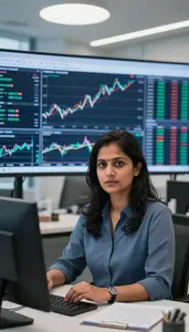 Woman Finance Professional Analyzing Technical Indicators On Screen