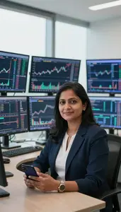 Woman Investment Professional Monitoring Multiple Trading Screens
