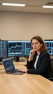 Woman Investment Professional Analyzing Technical Indicators On Screen