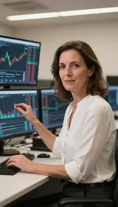 Woman Investment Professional Analyzing Technical Indicators On Screen