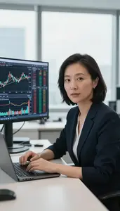 Woman Investment Professional Analyzing Technical Indicators On Screen