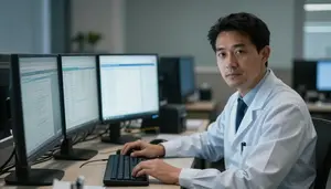 Actuary Analyzing Data Computer In An Epidemiology Research Office In