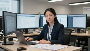 Administrative Assistant Analyzing Market Trends In A Co Working Shared Office