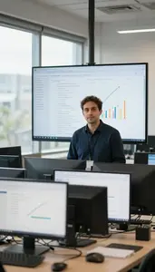 Agile Coach Analyzing Data Visualizations In A Startup Incubator Workspace