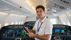 Aircraft Mechanic Conducting Pre Flight In An Airplane Cabin Before Takeoff