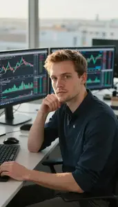 Algorithmic Trader Tracking Market Movements Stock Photo