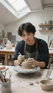 Art Instructor Sculpting Clay Sculpture In A Calligraphy Art Studio In