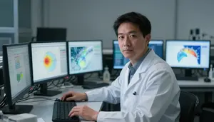 Atmospheric Scientist Analyzing Climate Model In A Climate Research Laboratory