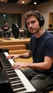 Audio Engineer Composing Music Piano A Vocal Recording Sound Booth
