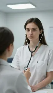 Audiologist Examining Patient Stethoscope In A Occupational Therapy Workshop
