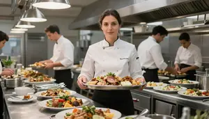 Banquet Manager Coordinating Catering Large In A Catering Preparation Kitchen