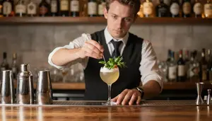 Bartender Crafting Custom Cocktail In A Cocktail Bar Counter Area In