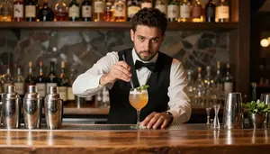 Bartender Mixing Specialty Cocktail At A Cocktail Bar Counter In Professional