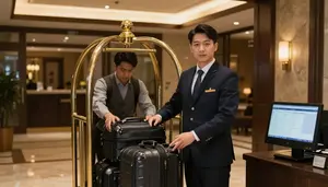 Bellhop Assisting Guest Luggage A Hotel Entrance With Luggage Cart