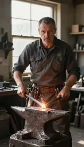 Blacksmith Forging Metal Anvil In A Metal Fabrication Shop In Professional