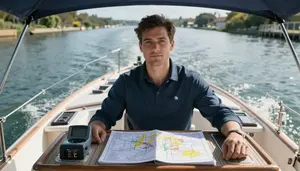 Boat Captain Captaining Yacht Open In A Boat Navigating A Canal In Professional