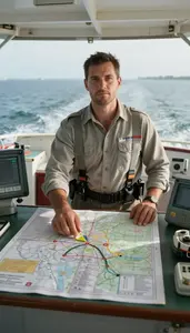 Boat Captain Navigating Ship Using On A Ferry Deck Crossing Water In