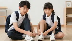 Brother Tying His Younger Sisters Shoe Laces Before School
