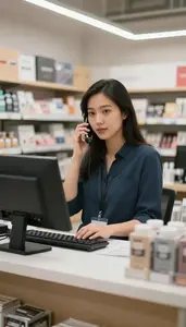 Cashier Assisting Callers Call In A Store Window Display Area In Professional